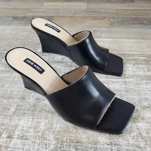 Nine West Rovah Womens Sandals Sz 9.5M Black Leather Square Toe Wedge Heel Slide - Picture 1 of 11