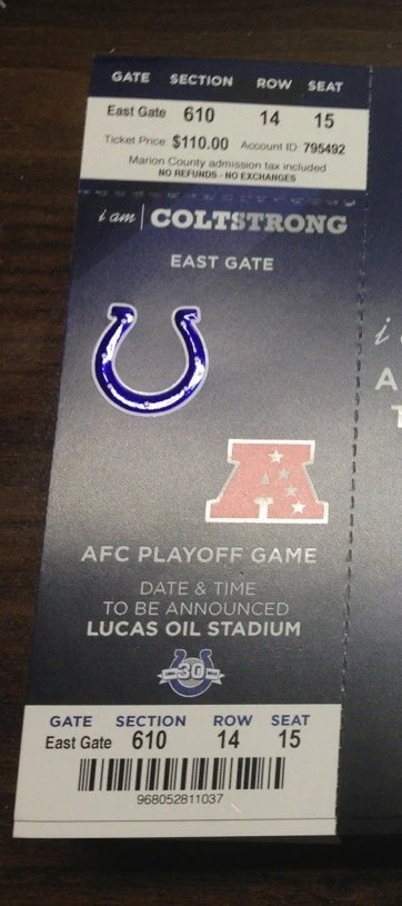 2013 INDIANAPOLIS COLTS VS KANSAS CITY CHIEFS PLAYOFF TICKET STUB 1/4/13 LUCK - Image 1 of 1