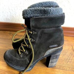 Diesel Suede Leather Lace Up Block Heeled Booties Faux Sherpa Cuff Moto Combat