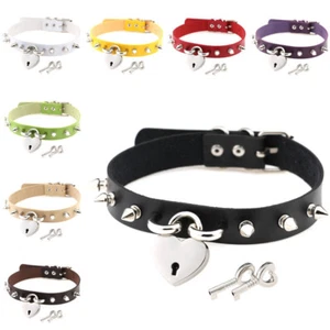 Womens Choker Collar Necklace Leather Spikes Heart Lock Key Studs Gothic Punk UK - Picture 1 of 22