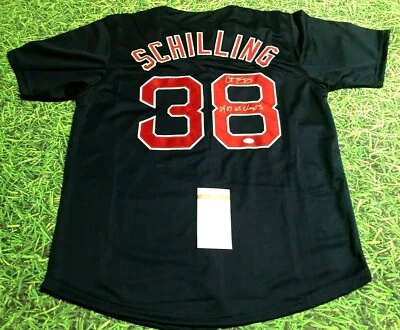 CURT SCHILLING AUTOGRAPHED BOSTON RED SOX JERSEY JSA 04 07 WS CHAMPS INSCRIPTION - Image 1 of 3