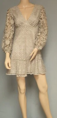 FRENCH CONNECTION CABALLO 珠片 V 领连衣裙 PROM 派对 COCKTAIL 尺寸 2 裸色 BEIG — 第 1/4 张图片