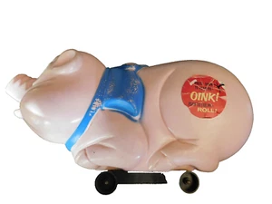 Vtg RARE Marx PIG Push Toy 1966 Big soft plastic Oink rolling Pink w sticker GUC - Picture 1 of 11