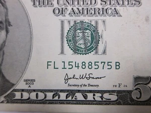 2003A $5 Uncirculated FRN #Fl15488575B *Sequential available - Picture 1 of 7