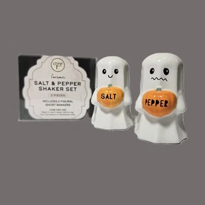 Halloween Salt & Pepper Shakers Ghosts Holding Pumpkins Kitchen Core Ceramic - Picture 1 of 5
