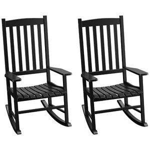 2PCS Outdoor Rocking Chair Wood High Back Rocker Lounge Chair All Weather Black - Picture 1 of 23
