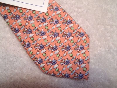 Vineyard Vines Santa Seaplane Pattern Boys' Necktie NWT $49.50 Made in USA Peach - Image 1 of 4