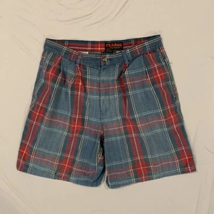VTG Jos A. Banks Men's Plaid Bermuda Pleated Front Shorts Size 34 Blue Red - Picture 1 of 5