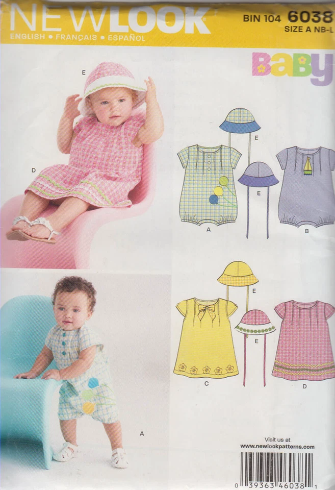 Sewing Pattern New Look 6038 Girl & Boy Baby Clothes Romper Dress - Image 1 of 1