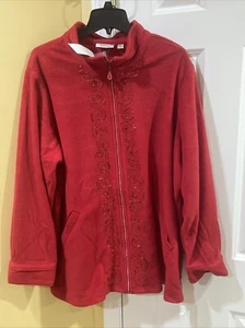 Quacker Factory Red Fleece Women’s 2X Full Zip Jacket Sweater w/Rhinestones NWT - Picture 1 of 15