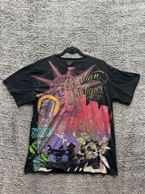 Rare Christian Audigier NYC Statue of Liberty Foil T-Shirt Black Mens Size L - Image 1 of 4