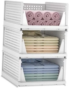 Stackable Plastic Storage Drawers & Basket, Closet Shelf 3 Pack L White - Picture 1 of 8