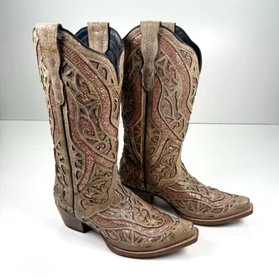 Bota alta J.B Dillon reserva marrom desgastada rosa cintilante incrustada, tamanho 10 B - Imagem 1 de 4