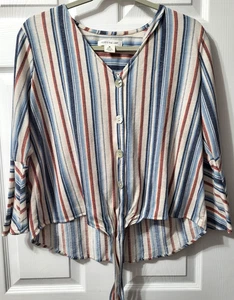 Camisa corta Skyes The Limit M azul marfil a rayas manga larga cuello en V botones - Imagen 1 de 7