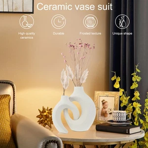 2Pcs White Ceramic Vase Set Delicate Ceramic Vase Centerpiece Decorative stcwU - Picture 1 of 11