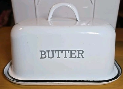 Farmhouse White Enamel Butter Dish with Lid Butter Dish Vintage Black Trim EUC  - Image 1 of 4