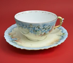 Antike handbemalte Vergissmeinnicht blaue Blumen Teetasse Untertasse Set Goldakzente - Bild 1 von 14