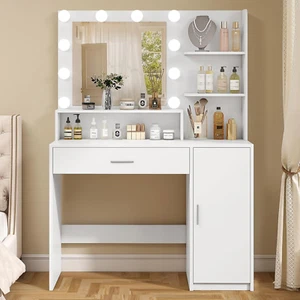 Makeup Vanity Desk with Mirror and Lights, Vanity Desk with Large Drawer & Shelv - Picture 1 of 12