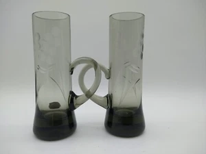 2 VTG Bohemia Crystal Handled Shot Glasses Cordials Floral Smoked Glass Etched - Picture 1 of 8