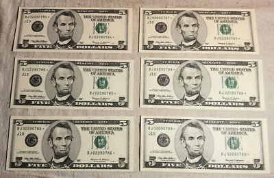 (6)UNCIRCULATED CONSECUTIVE NUMBERED FIVE DOLLAR BILLS($5) STAR NOTES SERIES1999 - Image 1 of 4