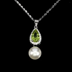 Mother Day 925 Silver Necklace Pear Peridot 7x5mm Mop Natural Gemstone 18in - Picture 1 of 14