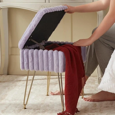 存储奥斯曼凳柔软人造毛皮梳妆椅 360° 可调脚垫 全新 — 第 1/4 张图片