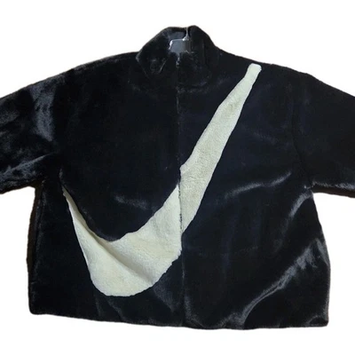 Nike Jacket Faux Fur Oversized Swoosh Full Zip Black/WHITE Womens XL - Image 1 of 2