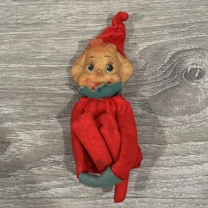 Vintage rot & grün Pixie Elfe Knie Umarmung Weihnachtsschmuck 5" groß Japan - Bild 1 von 2