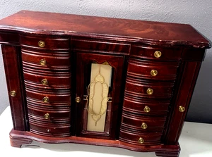 VINTAGE CARVED WOOD EXTRA LARGE JEWELRY ARMOIRE - 19" WIDE, 14" TALL, 7" LONG - Picture 1 of 11