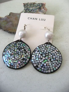 Chan Luu Earrings Pearl Abalone Inlay Medallion Sterling NWT $215 Moderrn Boho - Picture 1 of 11