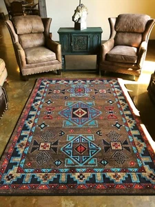 Desert Diamond Turquoise Multi Southwestern Country Cabin Area Rug 4' x 5' - Picture 1 of 6