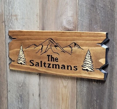 Personalized Last Name with Pine Trees and Mountain Rustic Carved Wooden Sign - Image 1 of 4