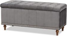 Grey Velvet Fabric Upholstered Button Tufted Storage Ottoman Bench