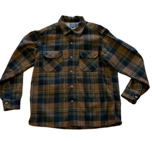 Vintage Pendleton Wool Board Shirt Loop Collar Brown Plaid Men's L USA Made - Picture 1 of 7
