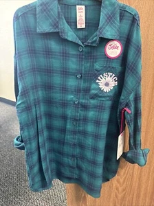 NWT Justice Plaid Girls Shirt Back Graphic L Green/Blue - Picture 1 of 2