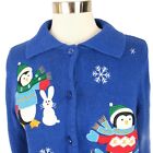 Dress Barn Womens Knit LS Button Up Blue Ugly Christmas Cardigan Sweater Small