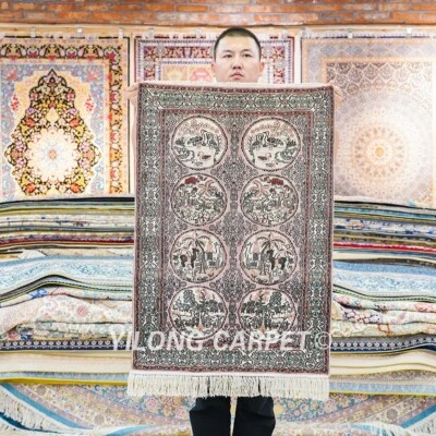 2x3ft Handmade Silk Area Rug Patchwork Tapestry Hand-knotted Carpet LJH094A - Image 1 of 4