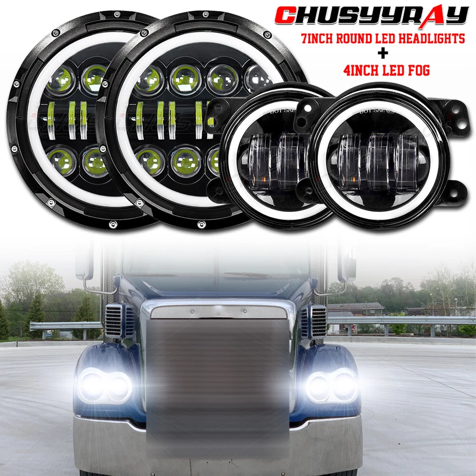 Пара 7-дюймовых светодиодных фар Halo и комбинированных противотуманных фар 4 дюйма для Freightliner Coronado - Изображение 1 из 4