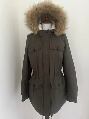 Chaqueta Parka Forrada Sherpa Levi Stauss Piel Sintética Bordeada Capucha Verde Militar Talla S Foto 1 de 4