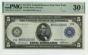 1914 $5 Federal Reserve Note New York FR#848 PMG VF30 EPQ - Picture 1 of 2