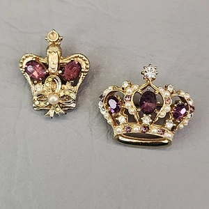 Vintage Coro Crown Brooch Lot Purple Glass Rhinestone Mini 1" READ - Picture 1 of 12