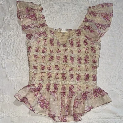 LoveShackFancy Compass Top French Lilac Ruffle Smocked Cotton Blouse Size Small - Image 1 of 4