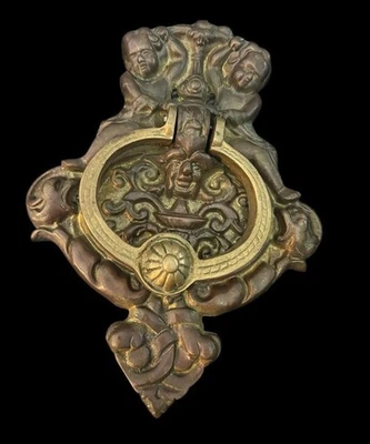 PLACA DE GOLPE DE PUERTA fundido LATÓN VICTORIANO renacimiento GRANDE 9.5" motivo querubín Foto 1 de 2