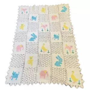 Coperta bambino unisex vintage fatta a mano all'uncinetto con animali elefante anatra gatto 43 x 60 - Foto 1 di 9