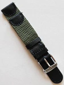 19mm - Swiss Army Style Black & Green Leather / Nylon Sports Watch Band - Picture 1 of 3