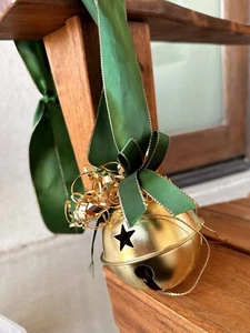 Gold Jingle Bell Xmas Ornament on Long Green Satin Ribbon - Picture 1 of 5