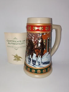 BUDWEISER HOLIDAY STEIN COLLECTION Hometown Holiday CLYDESDALES MUG 1993 STONEWA - Picture 1 of 13