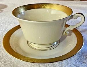 Coffee Cup and Saucer Ivory & Gold Encrusted Rim China Syracuse Bracelet Pattern - Picture 1 of 13