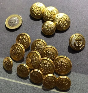 17 x gold metal crested buttons mixed lot all shanked from 1.5 cm to 2.3 cm - Picture 1 of 8