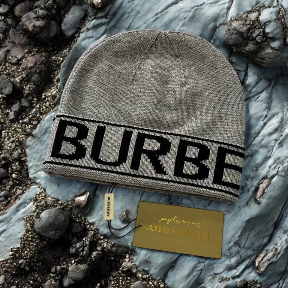 Burberry Unisex Grey Check Wool Beanie Hat | Classic Designer Winter Knit Cap - Image 1 of 2